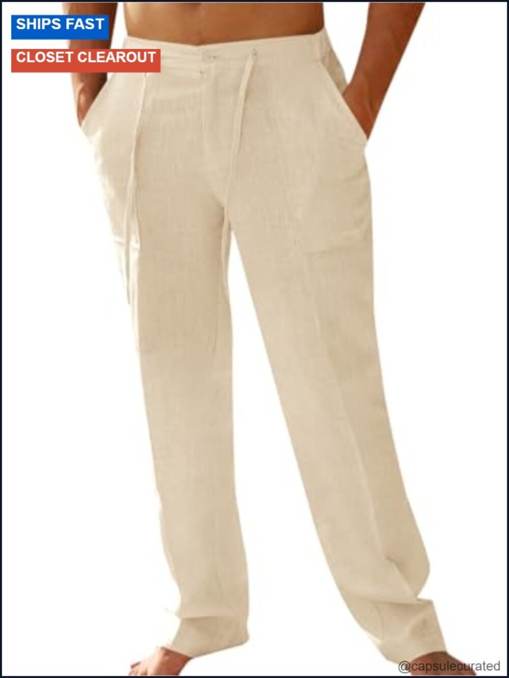 Mens Casual Linen Pants Loose Fit Elastic Waist Drawstring Straight-Leg Summer